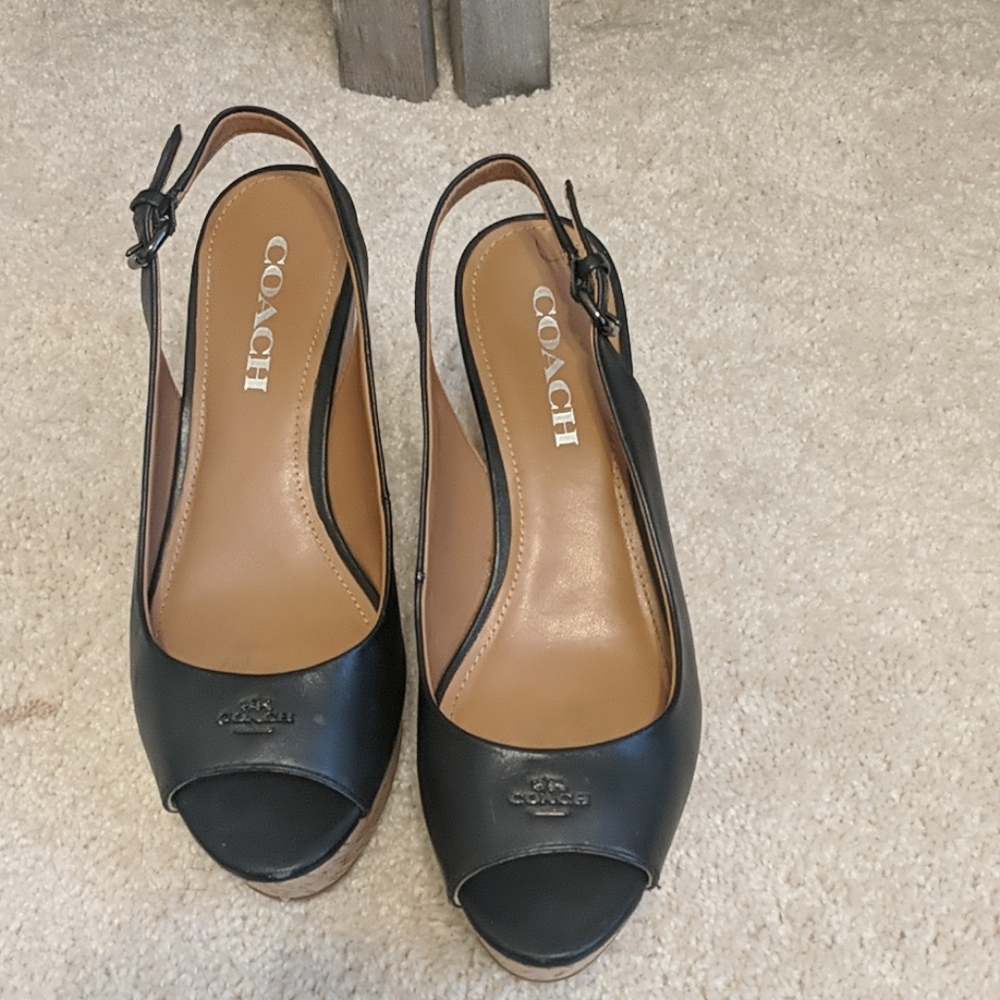 Coach black leather wedges